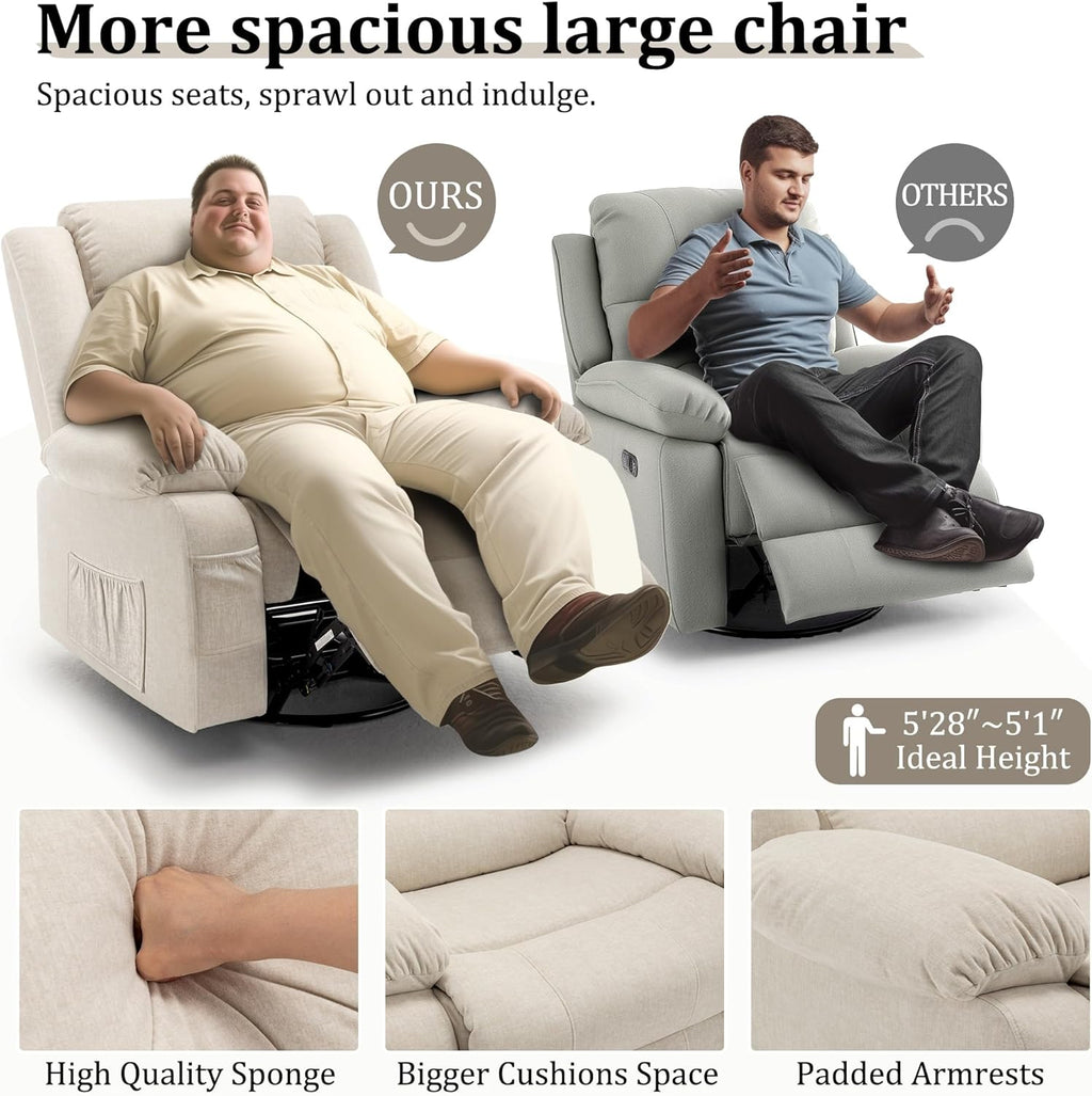 Korser Oversized Recliner Chair, Extra Wide Rocking Chair with Massage and Heat, 360° Swivel Rocker Recliner for Adults, Nursery Chair with Side Pocket, Cashmere Reclining Sofa for Living Room, Beige