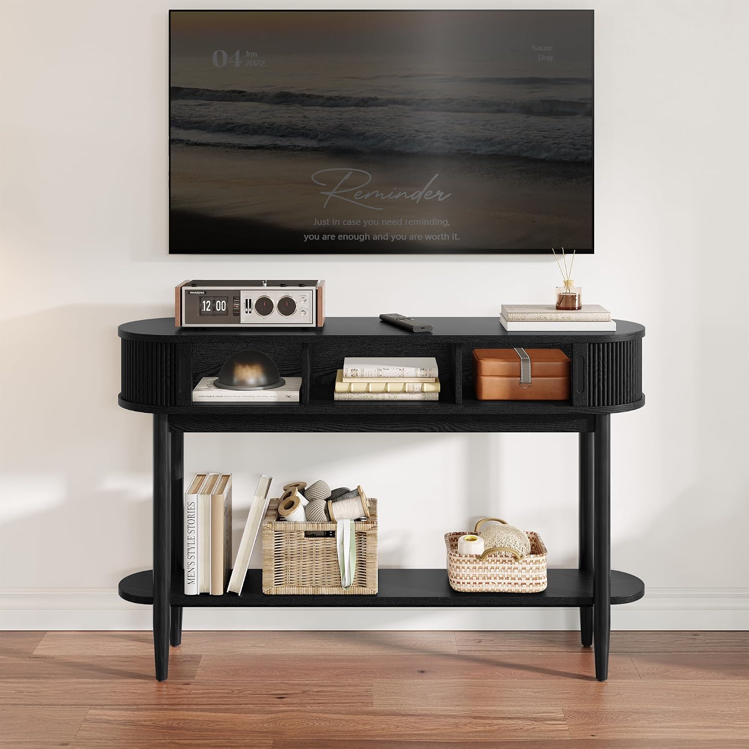 LINSY Fluted Console Table with Storage and Shelves, Black | Entryway Table, Wood Entrance, Behind Couch Sofa Table, Foyer Tables for Hallways, Living Room Boho Furniture, Narrow Long