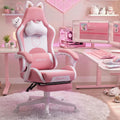 Dowinx Pink Gaming Chair with Cat Ears and Massage Lumbar Support, Ergonomic Computer Chair with Footrest and Headrest, Comfortable Reclining Game Chair 290lbs for Adults, Pink