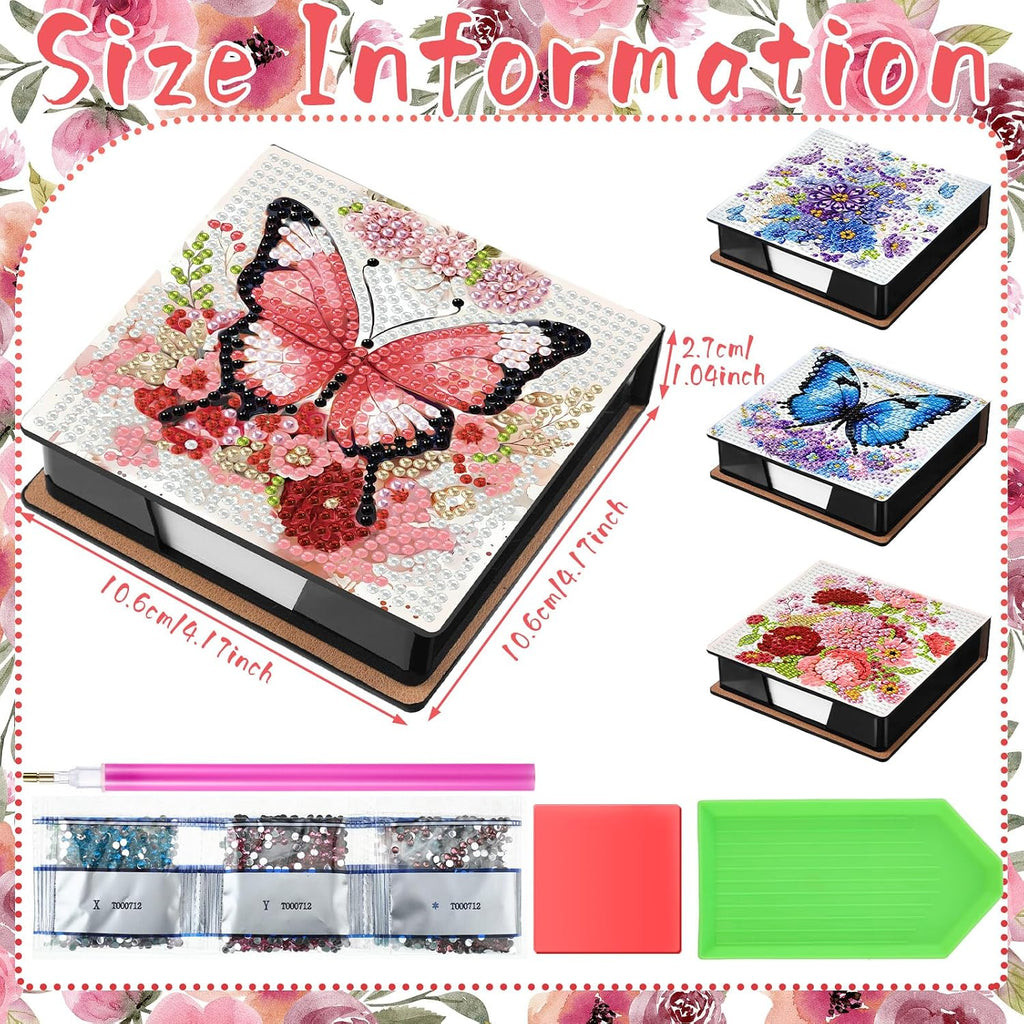 Saillong 4 Pcs Butterfly Diamond Painting Note Box Kit Flower Sticky Note Holders DIY Diamonds Art Storage Box with 160 Sticky Notes Painting Memo Pad for Office Supplies Desk Gifts