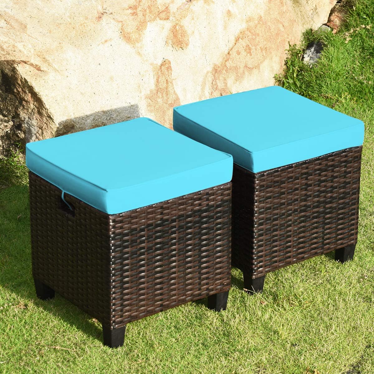 HAPPYGRILL 2pcs Patio Ottoman Set Outdoor Rattan Wicker Ottoman Seat with Removable Cushions Patio Furniture Footstool Footrest Seat