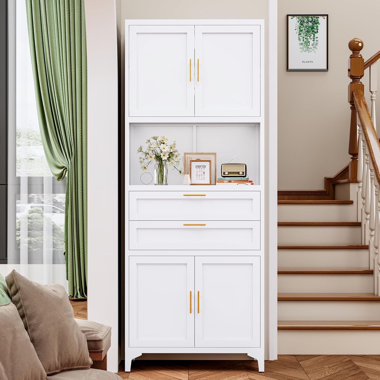 75" Tall Food Kitchen Pantry Cabinet,Tall Bathroom Storage Cabinet with 4 Doors and Shelves & 2 Drawers, Freestanding Cupboard for Living Room/Bathroom (White)