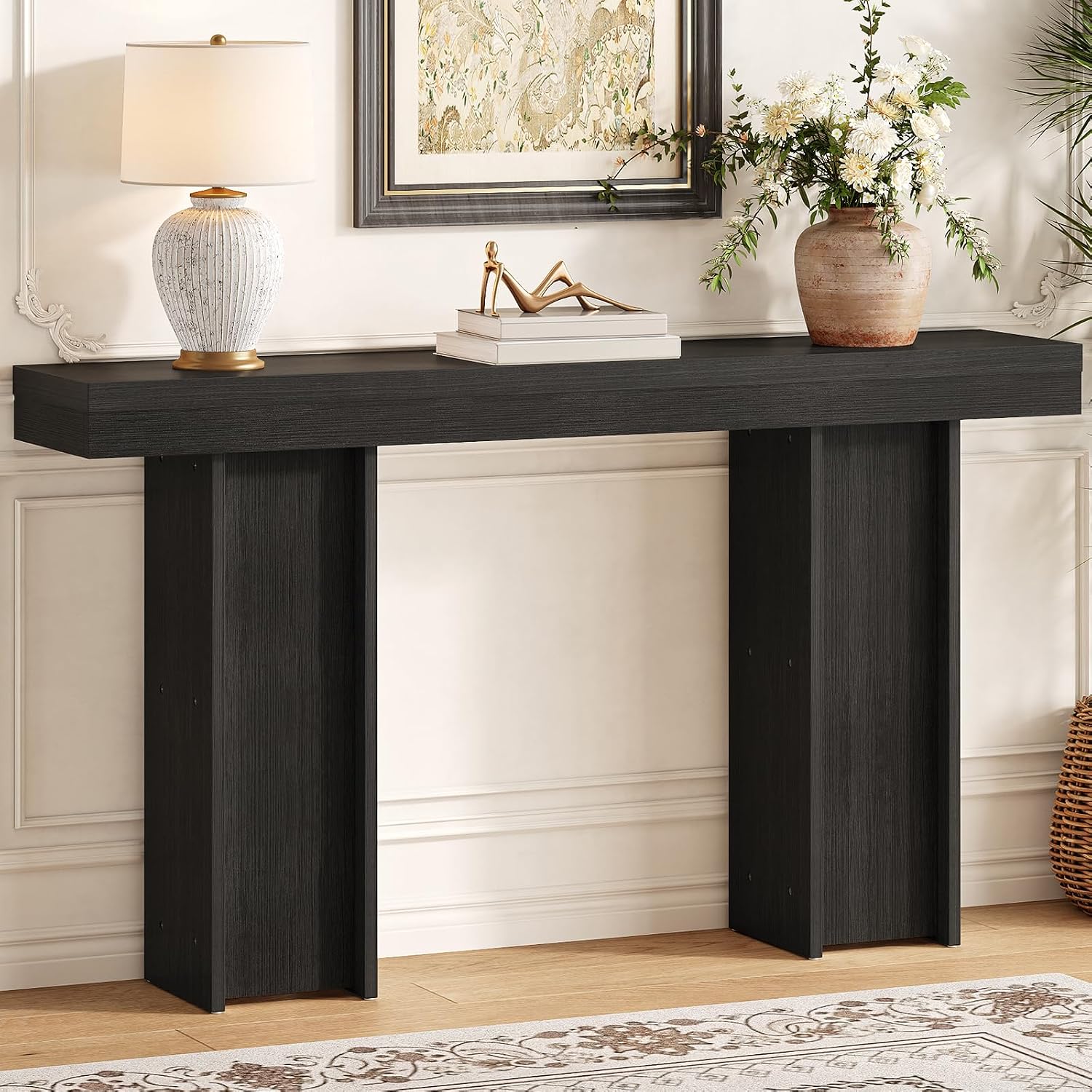 Modern Entryway Table, 55'' Wood Console Table with Storage Couch Table Behind Sofa Black Living Room Table for Entryway Hallway, Foyer