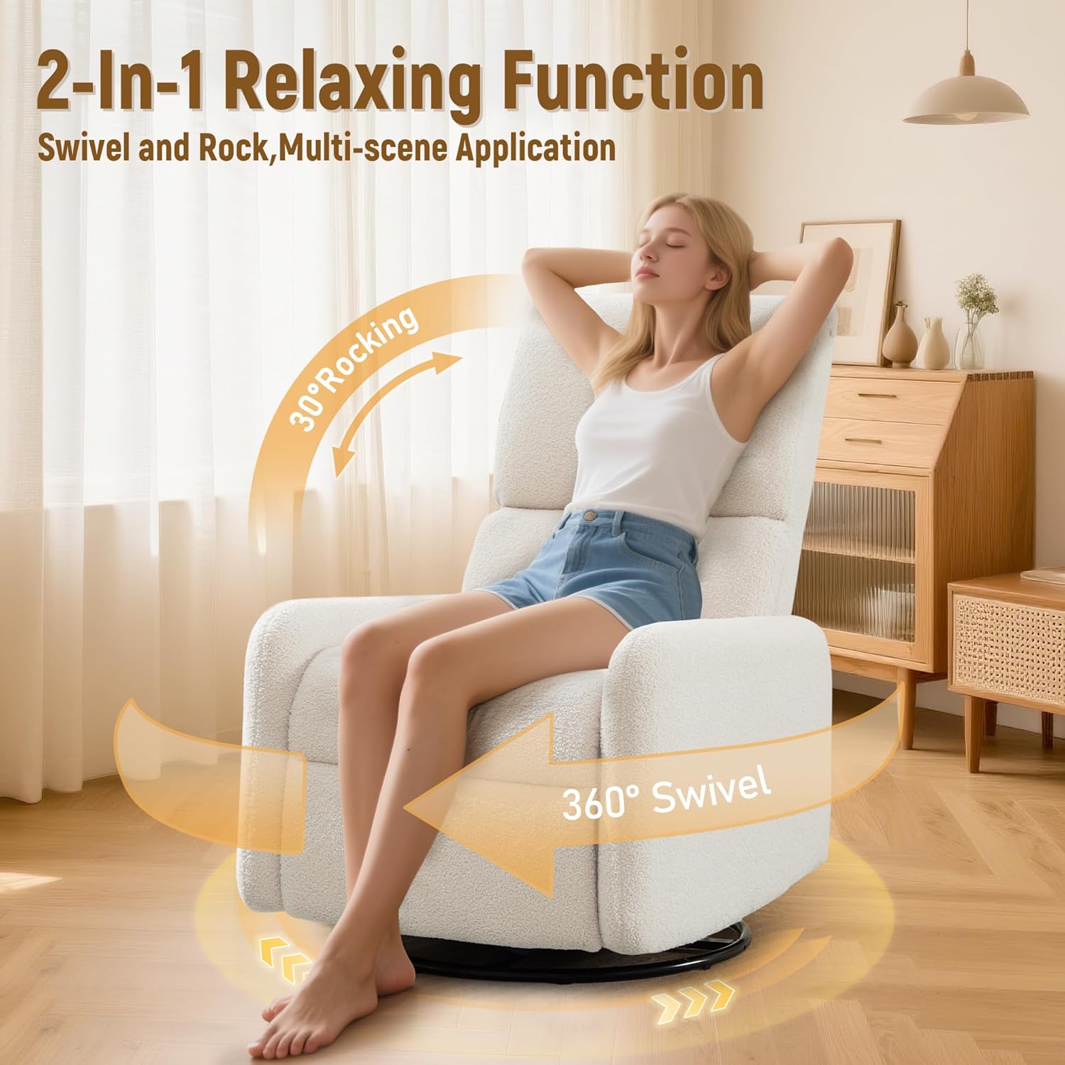 Korser 360° Rocking Chair, Nursery Rocker Chair with Side Pockets, Glider Nursing Chair with Steel Structure Base, Small Chair for Small Spaces, Sherpa Swivel Accent Chairs for Living Room, Nursing