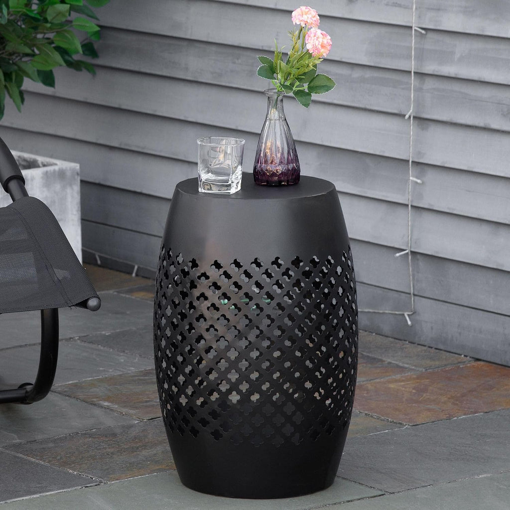 Black Steel 12.5in Round Patio Side Table 18in Tall, Hollow Drum Structure, 22lb Capacity, Indoor Outdoor Use, Weather Resistant Finish