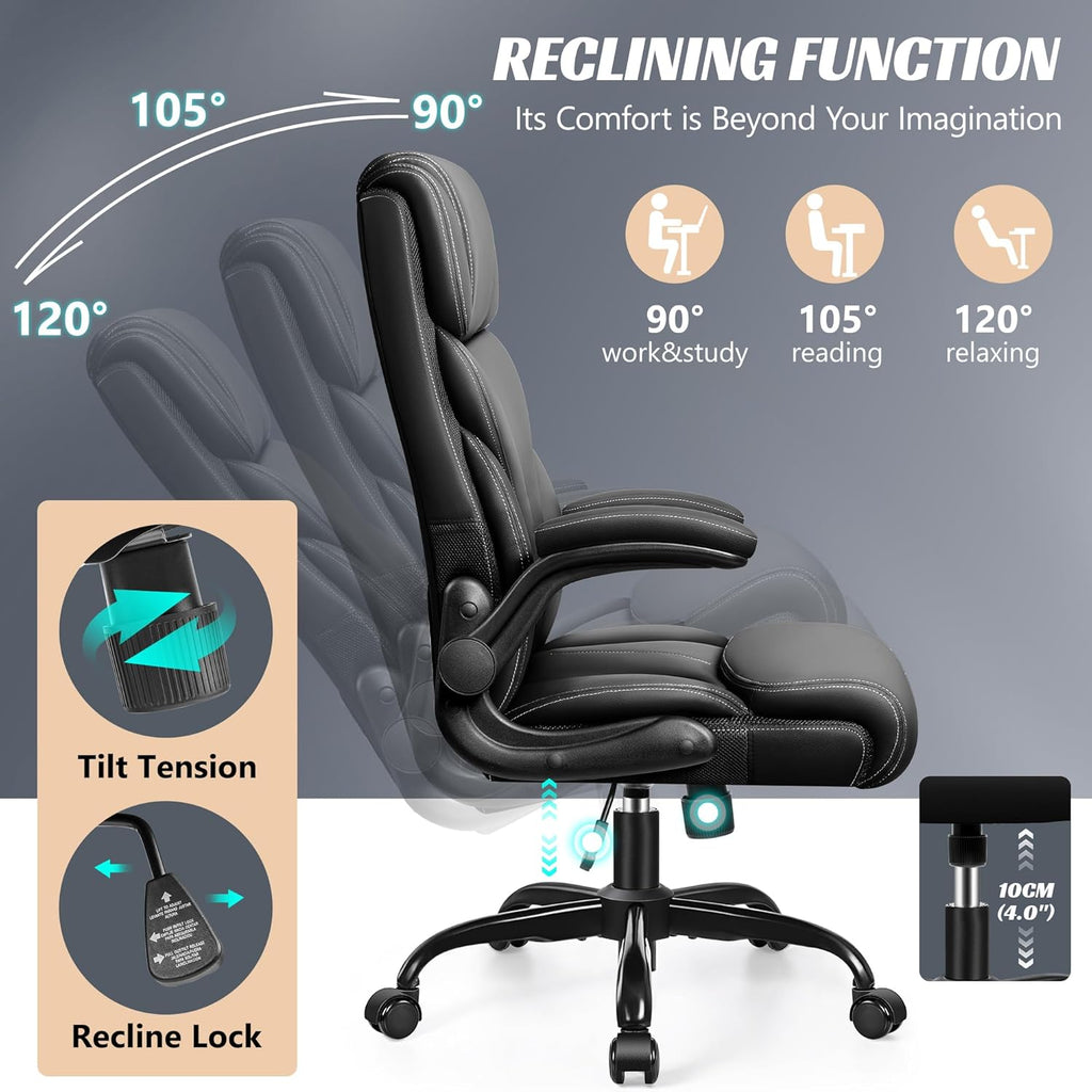 HeroSet Office Chair, Ergonomic Big and Tall Computer Desk Chairs, Executive Breathable Leather Chair with Adjustable Flip-up Armrests, Lumbar Support Swivel PC Chair with Rocking Function,Matte Black