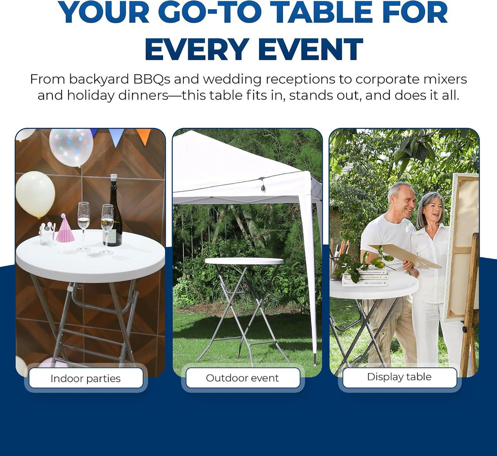 32in Folding Bar Height Tables (2-Pack) – White Round High Top Cocktail Tables for Indoor & Outdoor Use, Parties, BBQs, Weddings – Removable Legs, Heavy-Duty & Portable