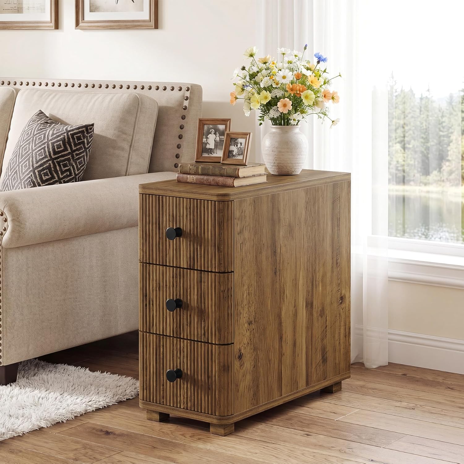 Tribesigns End Table with 3 Drawers, Farmhouse Fluted Narrow Side Table, Wood Slim Sofa Side Table for Small Spaces, Rustic Nightstand with Storage for Living Room Bedroom