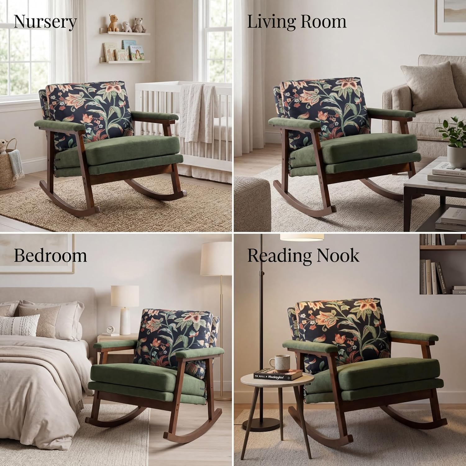 Nursery Rocking Chair, Compact Upholstered Rocker with Solid Wood Legs, Cozy Nursing Glider Chair for Mom, Small Space Chair for Nursery, Bedroom (Olive Green Floral)