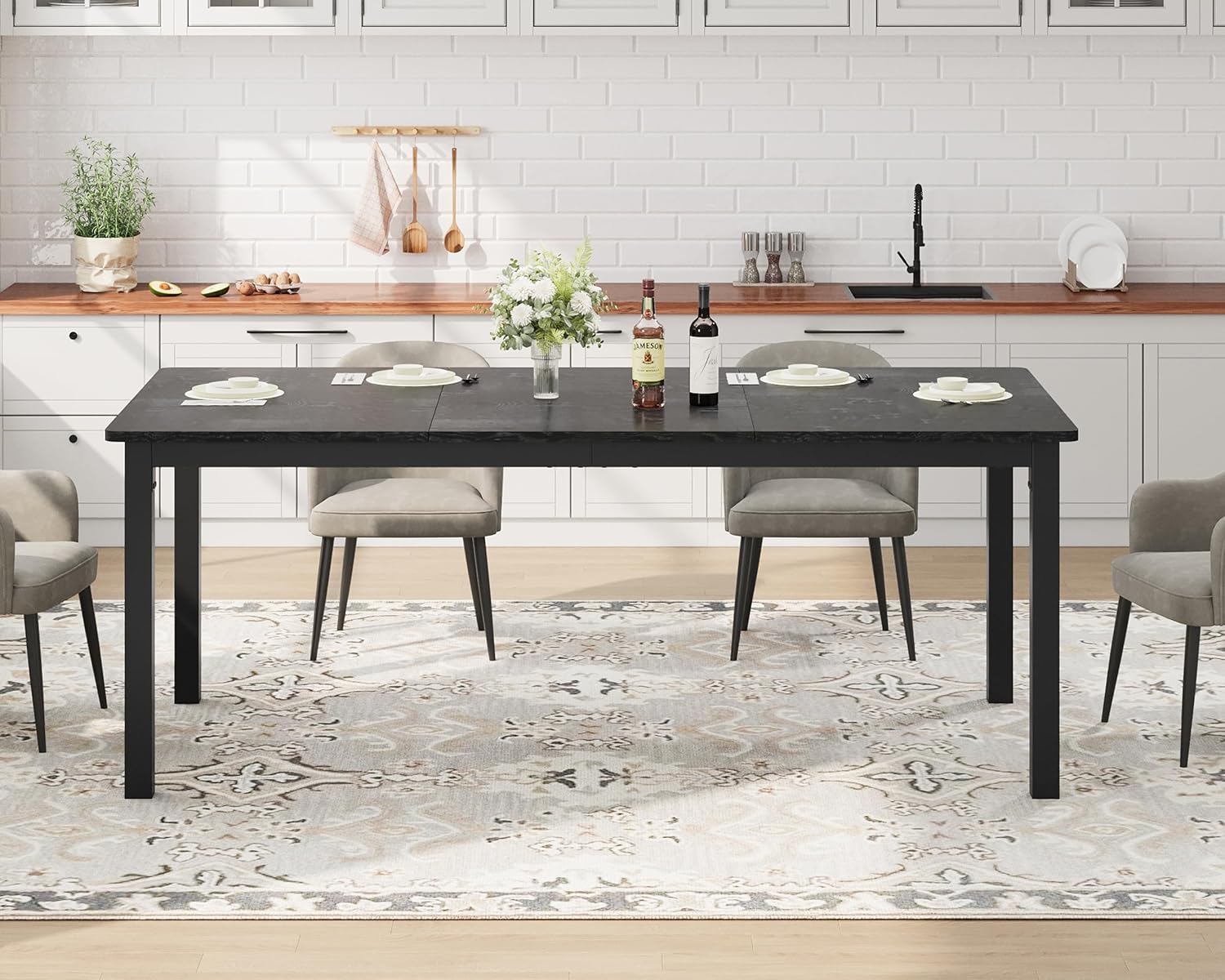 Garvee 79 in Dining Table for 6, Farmhouse Wooden Kitchen Tables for Family, Rectangular Industrial Style Dining Room Table with Sturdy Metal Frame, Long Desk for Restaurant, Kitchen, Office,Black