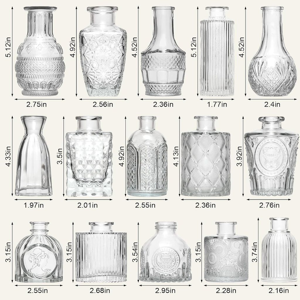 Arme 16Pcs Glass Bud Vase Set，Small Flower Vase for Centerpieces，Clear Bud Vases in Bulk， Mini Vintage Vase for Rustic Wedding Decorations