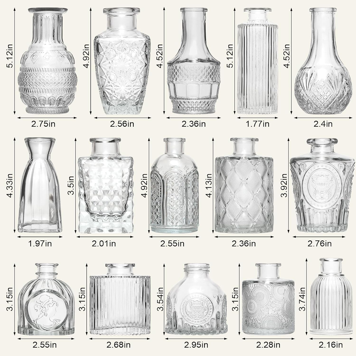 Arme 16Pcs Glass Bud Vase Set，Small Flower Vase for Centerpieces，Clear Bud Vases in Bulk， Mini Vintage Vase for Rustic Wedding Decorations