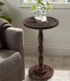 Mango Wooden Accent Table 12x22 Round Handcrafted Carved Side Table,Natural Burnt Finish Nightstand,Rustic Wooden End Table, Solid Wood Bedside Table for Bedroom & Living Room Home Decor