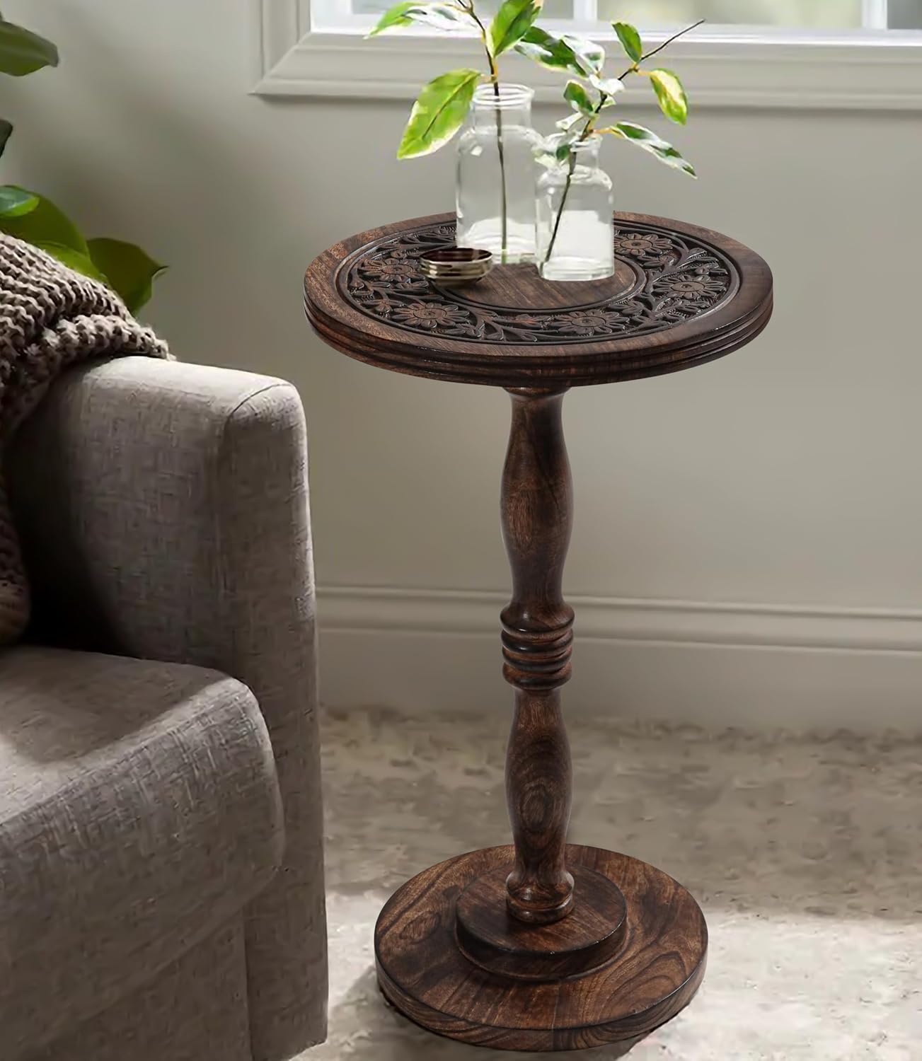 Mango Wooden Accent Table 12x22 Round Handcrafted Carved Side Table,Natural Burnt Finish Nightstand,Rustic Wooden End Table, Solid Wood Bedside Table for Bedroom & Living Room Home Decor
