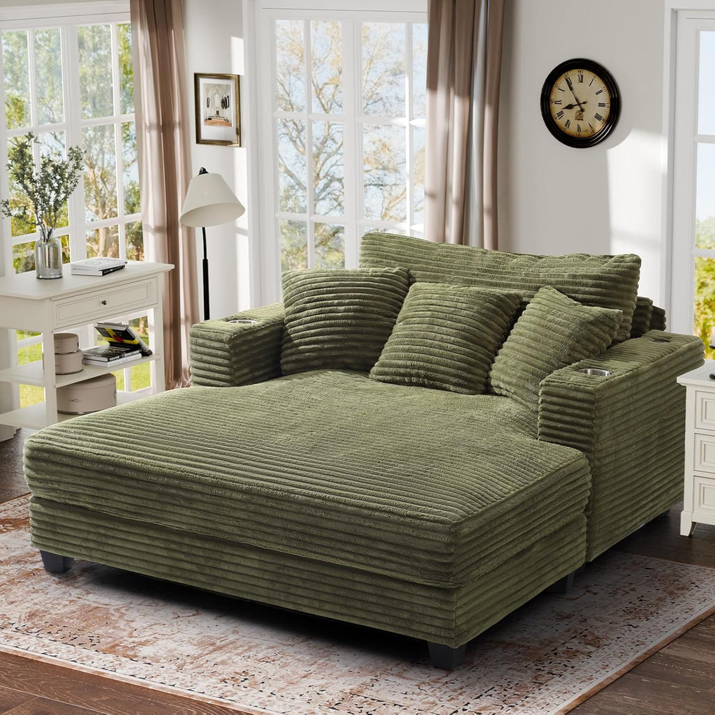 HUSFU 60'' Oversized Chaise Lounge Chair Indoor, Comfy Plush Faux Fur Lounge Sofa Bed w/USB Charging Port,Cup Holders & Throw Pillows,Cozy Sleeper Couch for Living Room Apartments,Green