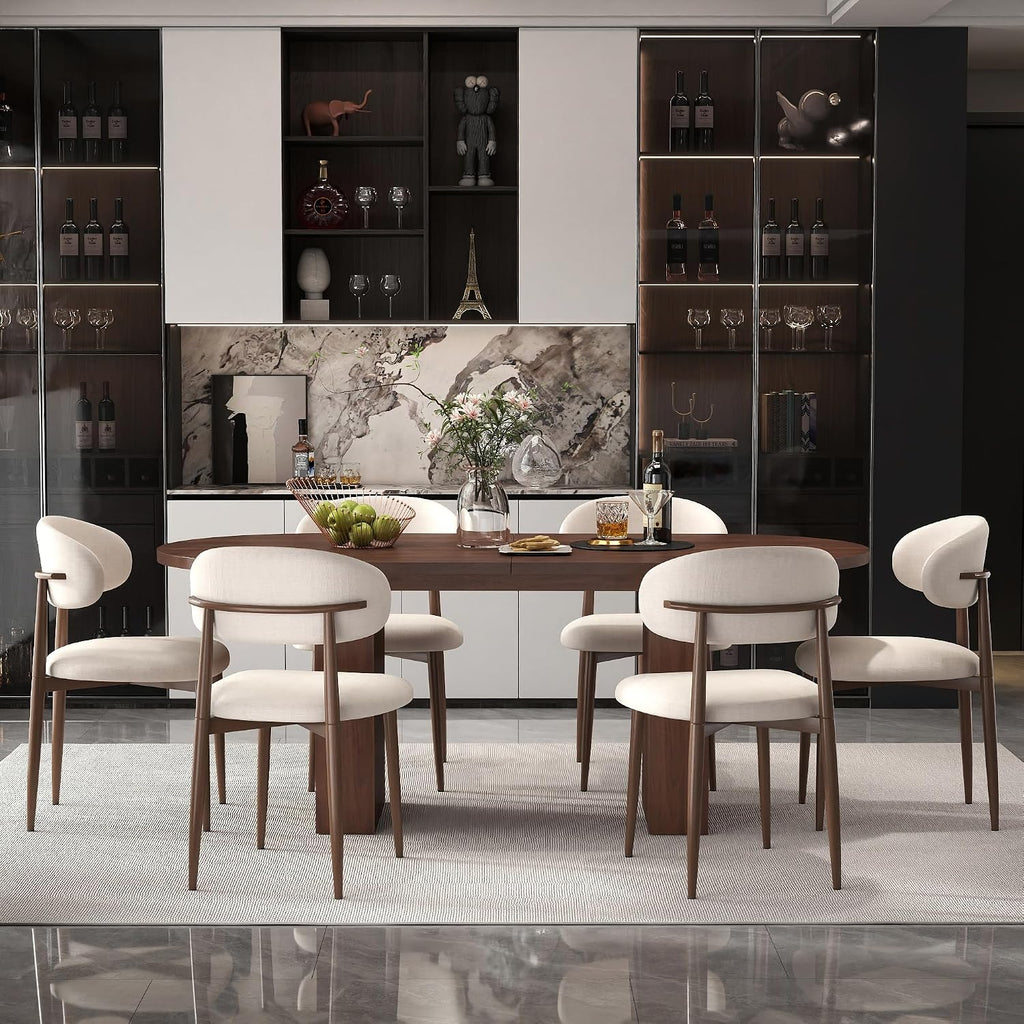 Beige Dining Chairs Set of 2, Modern Upholstered Dining Room Chair with Linen Fabric, Farmhouse Kitchen Side Chairs for Home, Apartment, Restaurant, Walnut Metal Legs(Chair Only)