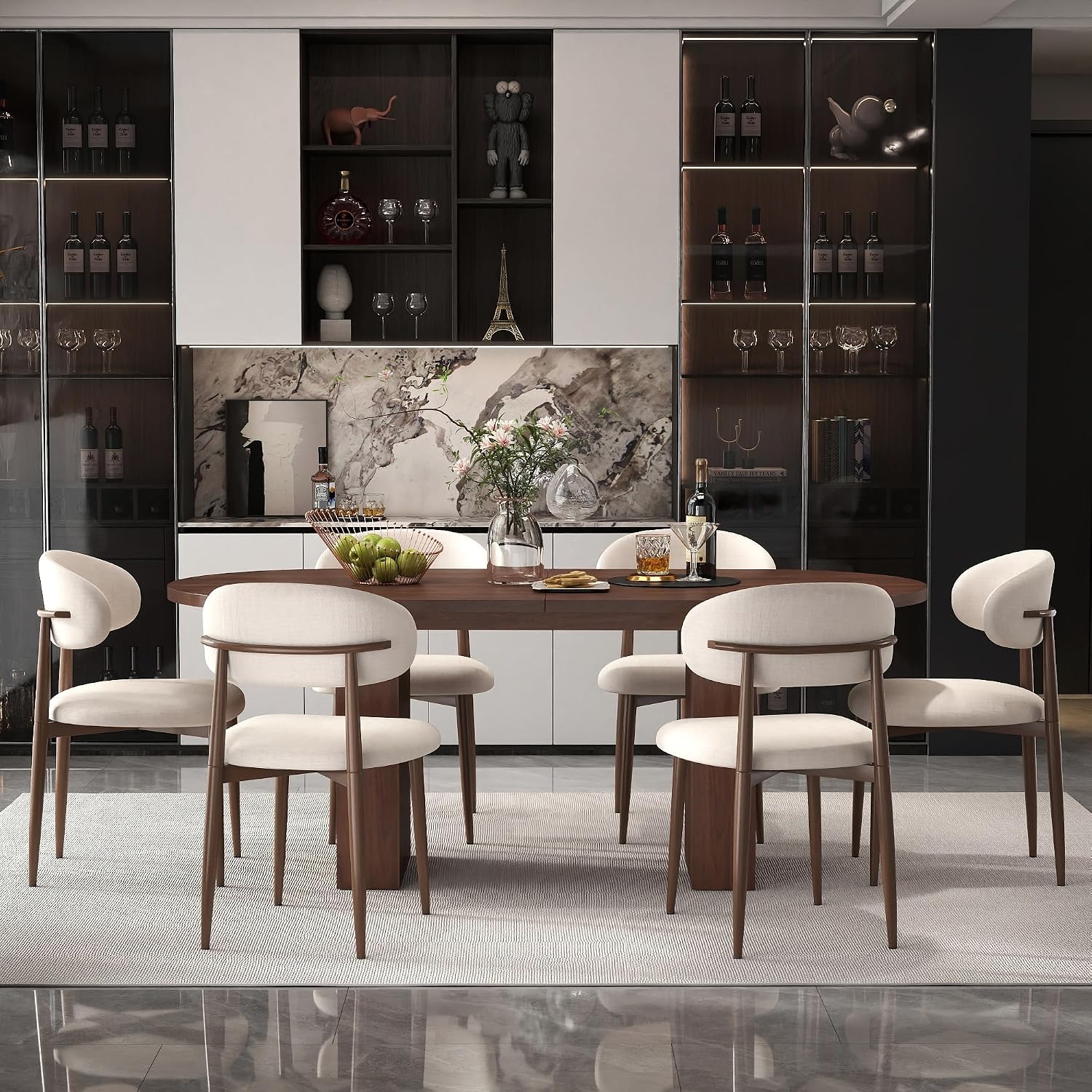 Beige Dining Chairs Set of 2, Modern Upholstered Dining Room Chair with Linen Fabric, Farmhouse Kitchen Side Chairs for Home, Apartment, Restaurant, Walnut Metal Legs(Chair Only)