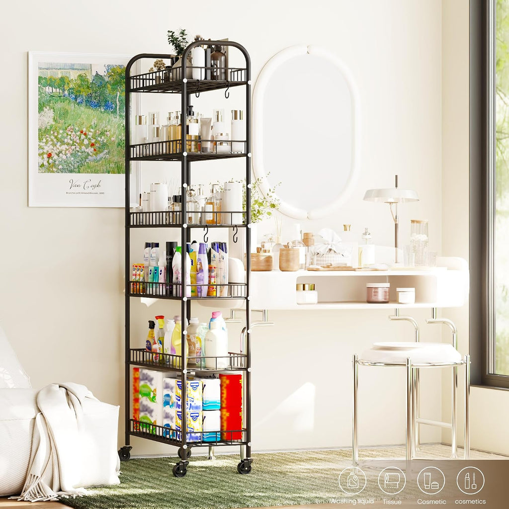 6-Tier Slim Storage Cart, Rolling Kitchen Cart with Wheels, Narrow Metal Shelf Organizer with Hooks for Kitchen, Bathroom, Living Room, Laundry, Small Spaces (Black, 10 in)