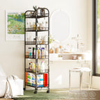 6-Tier Slim Storage Cart, Rolling Kitchen Cart with Wheels, Narrow Metal Shelf Organizer with Hooks for Kitchen, Bathroom, Living Room, Laundry, Small Spaces (Black, 10 in)