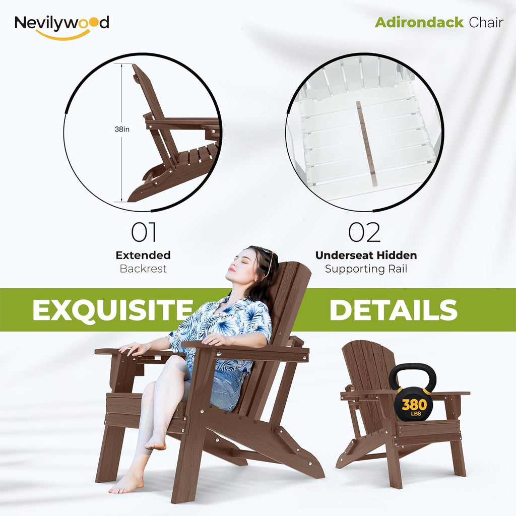 nevilywood Folding Adirondack Chair with Cup Holder Set of 2, HDPE Patio Chairs,All-Weather Outdoor Chairs for Backyard, Deck,Fire Pit-Coffee