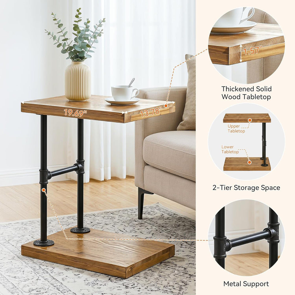 C Shaped Solid Wood End Table, Industrial Side Table with Shelf for Living Room Couch, Narrow Accent Table for Small Spaces, Rustic Laptop Stand for Sofa, Black Metal Frame