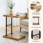 C Shaped Solid Wood End Table, Industrial Side Table with Shelf for Living Room Couch, Narrow Accent Table for Small Spaces, Rustic Laptop Stand for Sofa, Black Metal Frame
