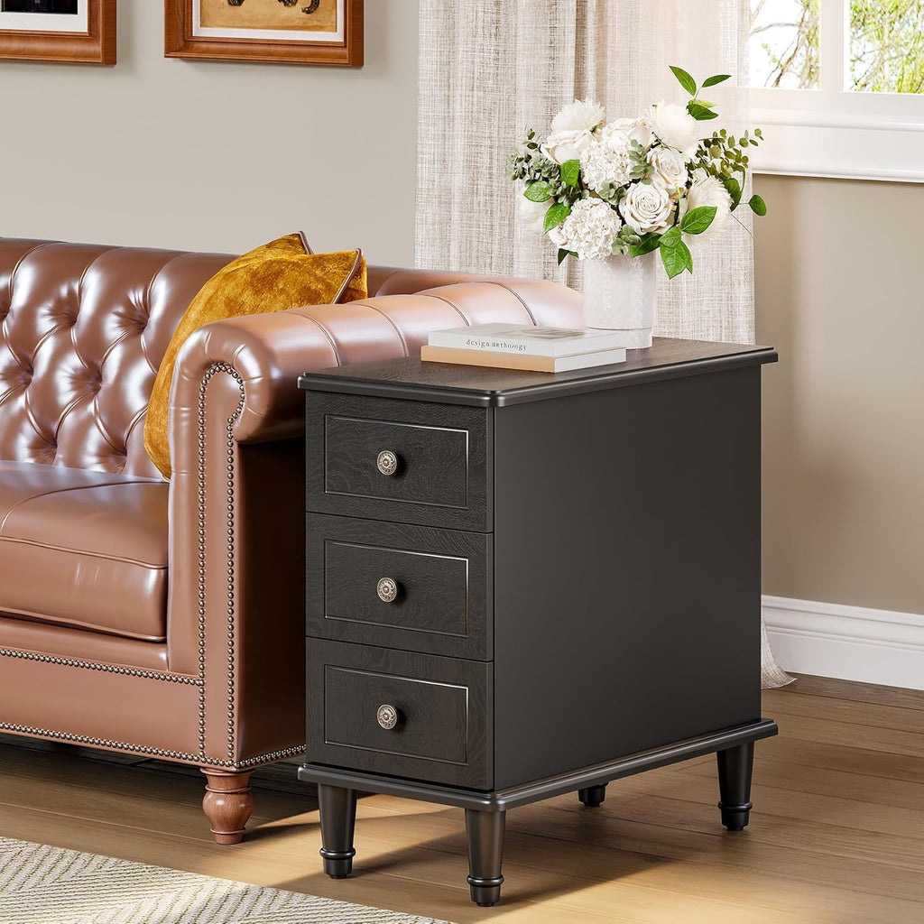 LITTLE TREE Fully Assembled End Table, Set of 2, Narrow Bedside Table with 3 Drawers, Vintage Nightstand for Small Spaces, Living Room, Bedroom, Black