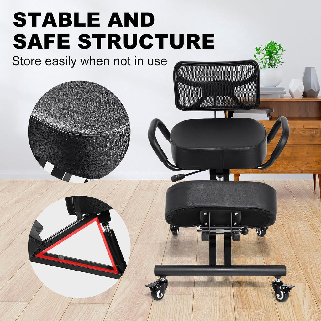 Ergonomic Kneeling Chair with Backrest & Lumbar Support, Adjustable Height Desk Chair with Wheels & Thick Cushion, Ideal for Office & Work from Home, Support Upright Sitting & Relieve Back Pain
