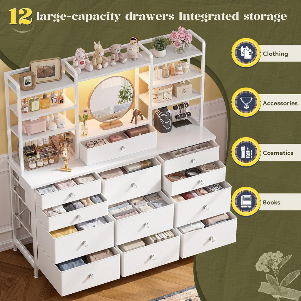 Romorgniz White Dresser for Bedroom with 12 Drawers & LED Lights, Fabric Dressers & Chests of Drawers with Open Shelves, Vanity Dresser Organizer with Metal Frame Wooden Shelf for Entryway Closet