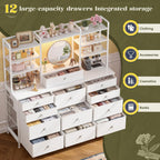 Romorgniz White Dresser for Bedroom with 12 Drawers & LED Lights, Fabric Dressers & Chests of Drawers with Open Shelves, Vanity Dresser Organizer with Metal Frame Wooden Shelf for Entryway Closet