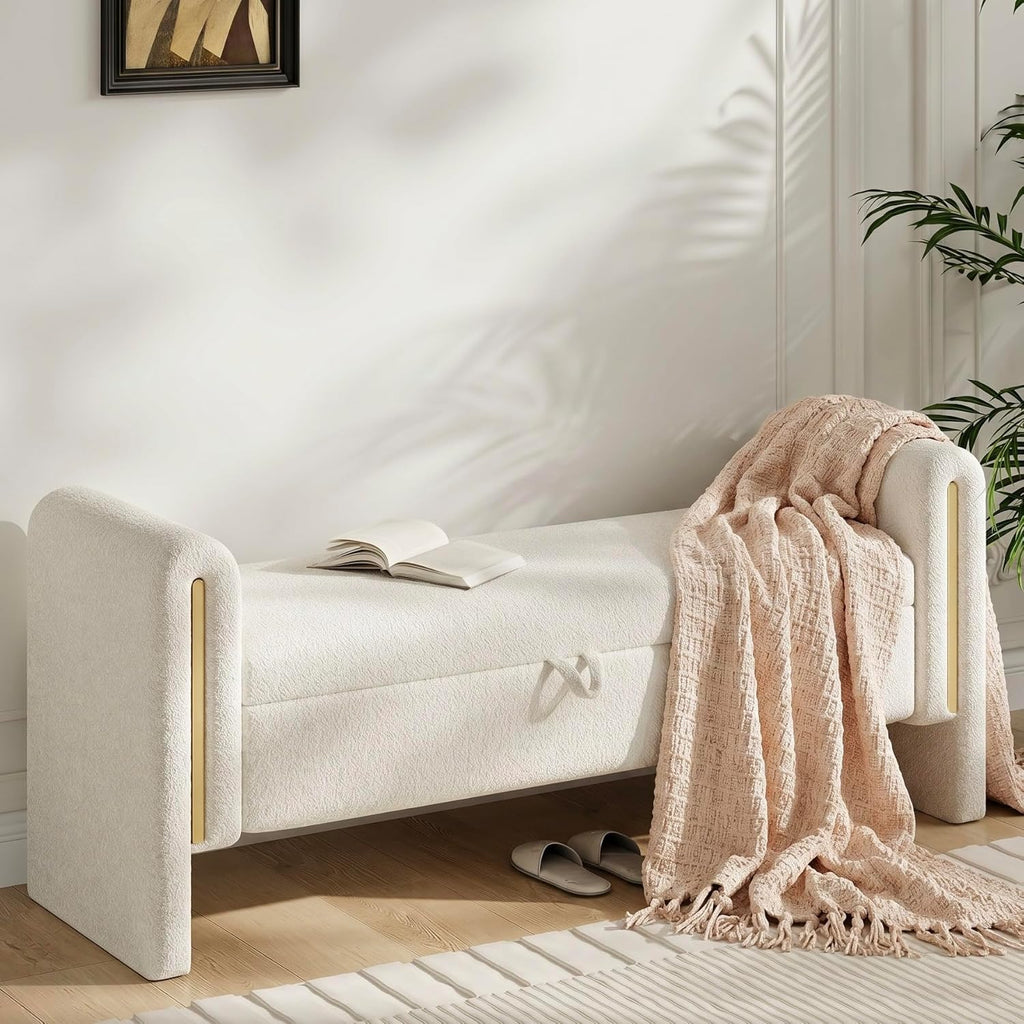 52" Storage Ottoman Bench, Teddy Upholstered End of Bed Bench with Pull-Ring, Storage Bench with Armrest, Window Bench Sturdy with Safety Hinge,Entryway Bench for Bedroom(Cream)