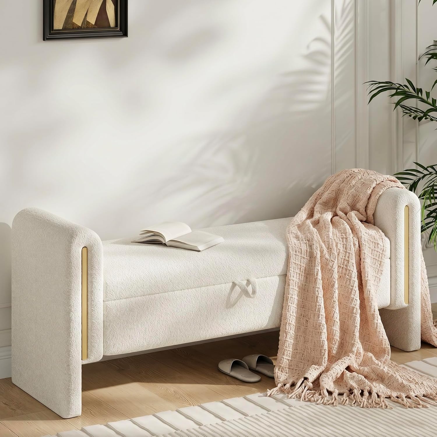 52" Storage Ottoman Bench, Teddy Upholstered End of Bed Bench with Pull-Ring, Storage Bench with Armrest, Window Bench Sturdy with Safety Hinge,Entryway Bench for Bedroom(Cream)
