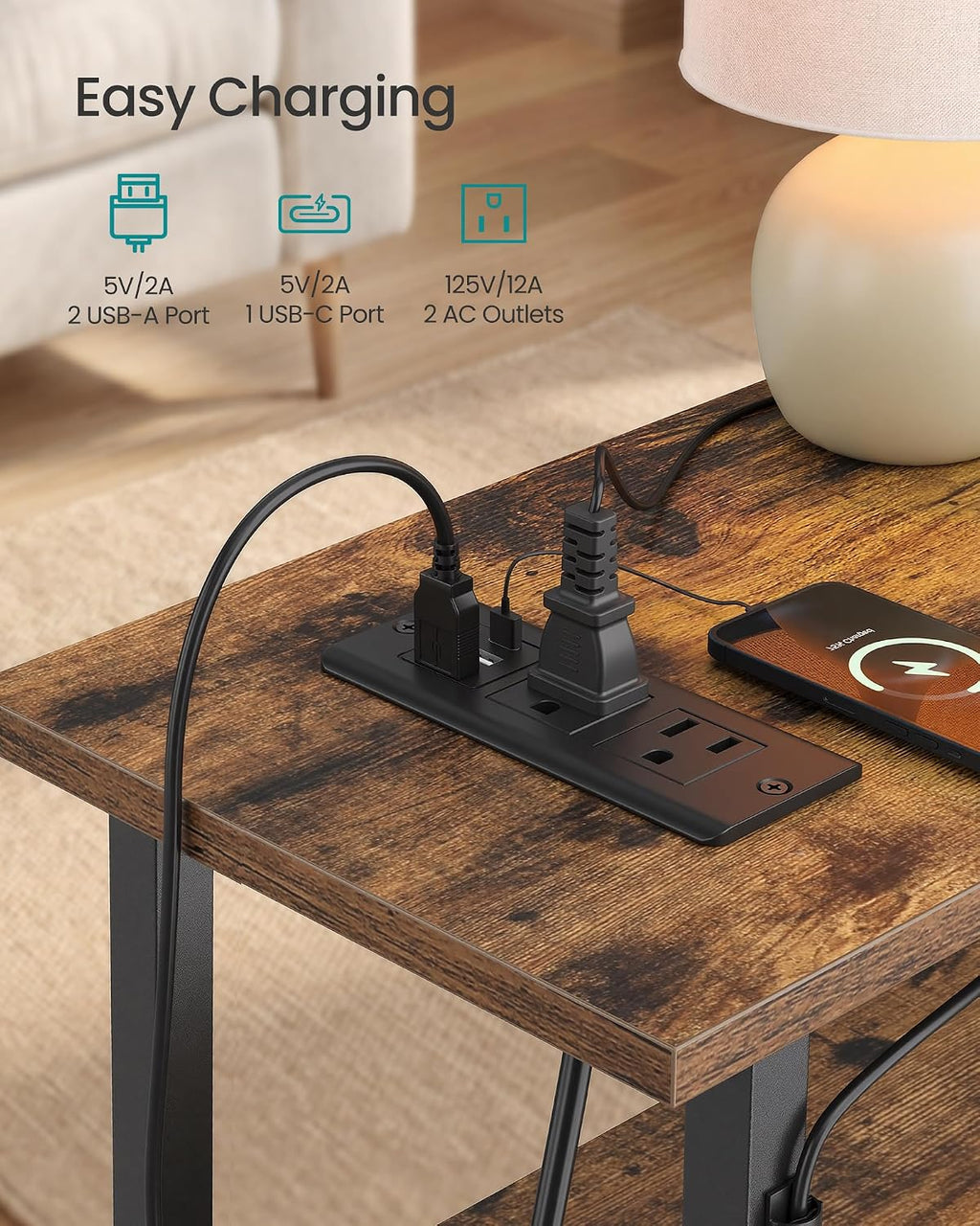 SONGMICS Side Table, Nightstand with Charging Station, End Table with LED Lighting, 2 Drawers, for Living Room, Bedroom, Set of 2, Rustic Brown, BELLAH Collection ULGS012K101