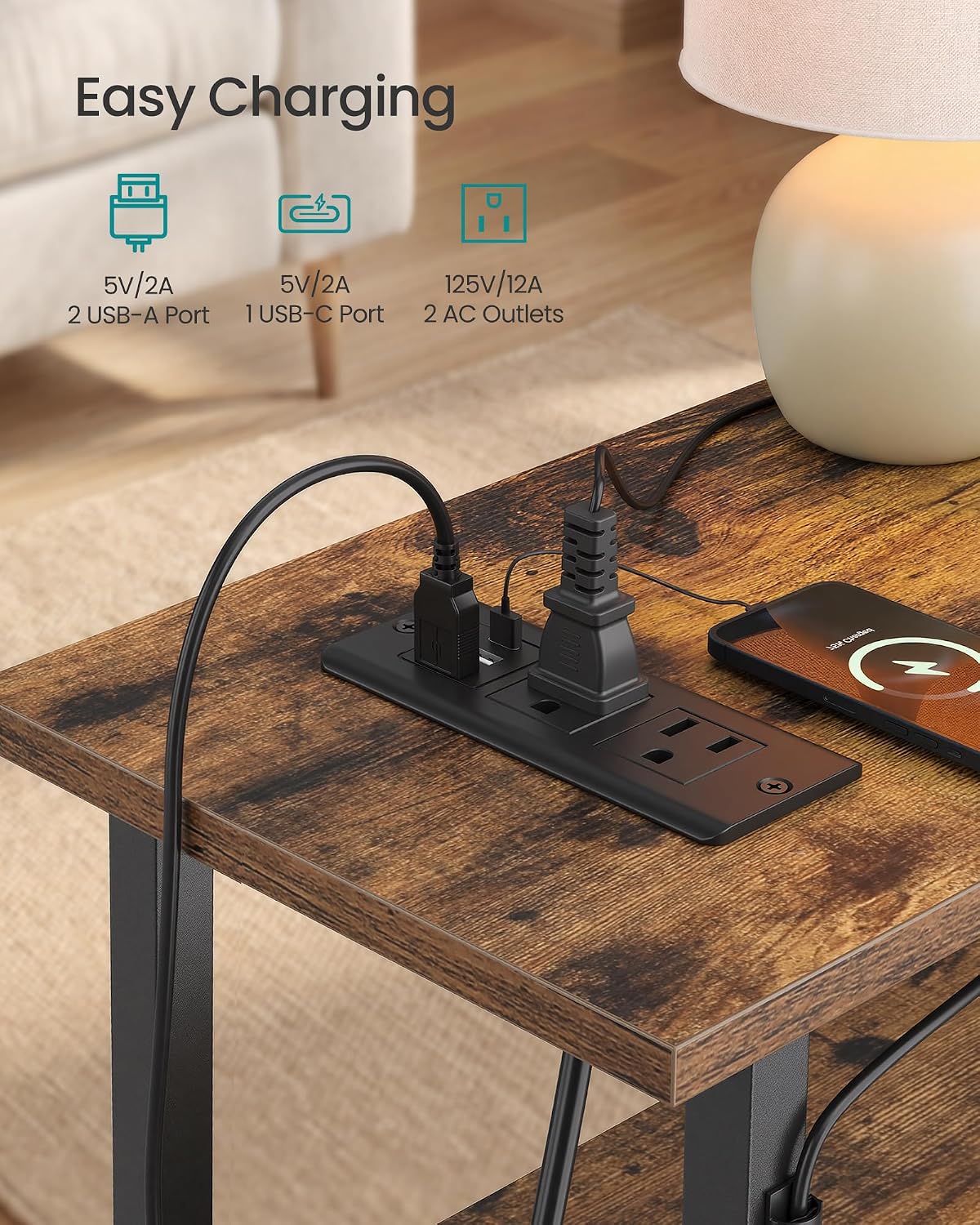 SONGMICS Side Table, Nightstand with Charging Station, End Table with LED Lighting, 2 Drawers, for Living Room, Bedroom, Set of 2, Rustic Brown, BELLAH Collection ULGS012K101