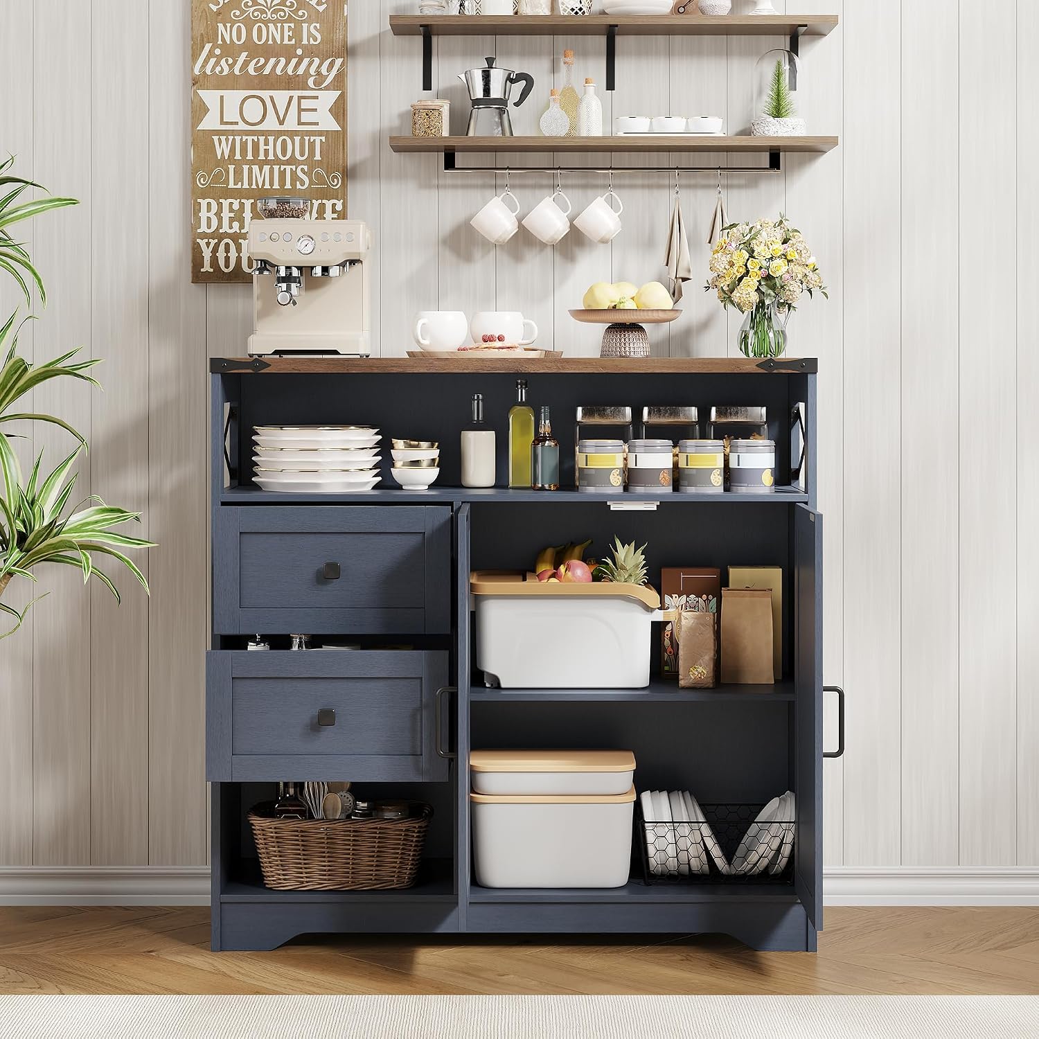 Vabches Farmhouse Buffet Sideboard Cabinet with 2 Drawers and Open Shelf, 27.5" Storage Cabinet with Adjustable Shelves and Door, Coffee Bar Hutch Pantry for Kitchen, Living Room, Blue (38.5" L)