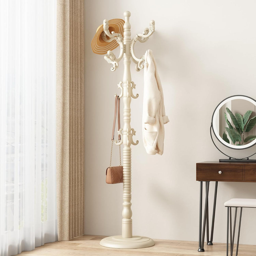 Wood Coat Rack Stand Wooden Coat Rack Freestanding,White | Hall Coat Tree with Sturdy Round Base 14 Hooks for Hat Bag Purses Vintage Coat Tree Hanger Stand for Entryway Hallway Bedroom