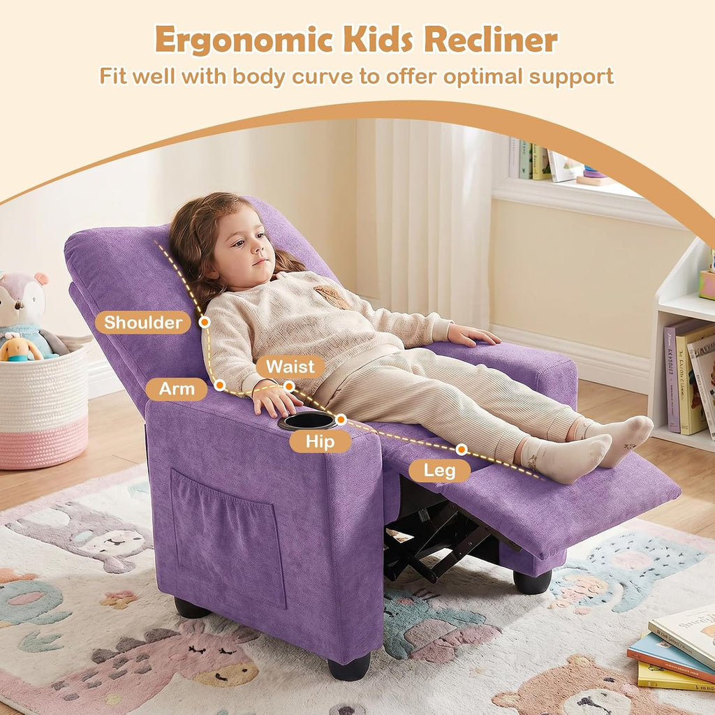 HONEY JOY Kids Recliner with Cup Holder, Chenille Fabric Upholstered Push Back Toddler Sofa w/Storage Pockets, Adjustable Backrest & Footrest, Child Reclining Chair for Ages 3+, Purple