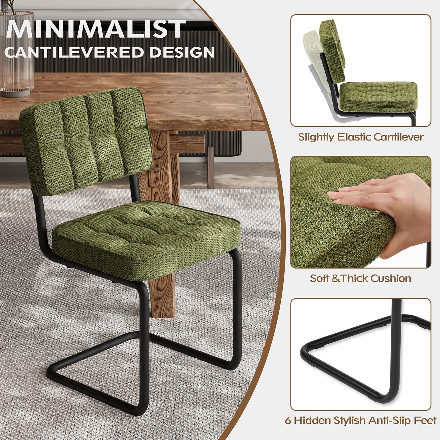 Modern Cantilevered Green Dining Chairs Set of 4, Mid Century Side Dinner Chairs, Armless Backrest, Upholstered Seat, Metal Base, Industrial for Kitchen/Restaurant/Living Room/Cafeteria, Olive