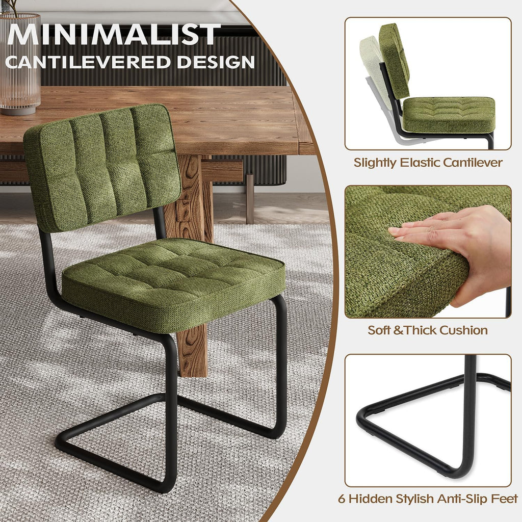 Modern Cantilevered Green Dining Chairs Set of 4, Mid Century Side Dinner Chairs, Armless Backrest, Upholstered Seat, Metal Base, Industrial for Kitchen/Restaurant/Living Room/Cafeteria, Olive