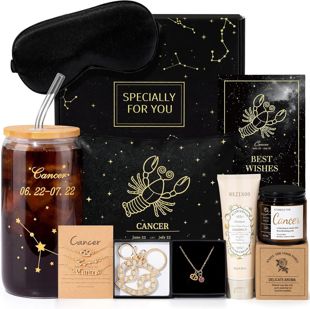 14PCS Cancer Birthday Gifts for Women, Cancer Zodiac Gifts for Women Baskets, Get Well Gifts for Best Friend Sister, Can Astrological 16 oz Glass Cups Candle with Zodiac Gift Set Box