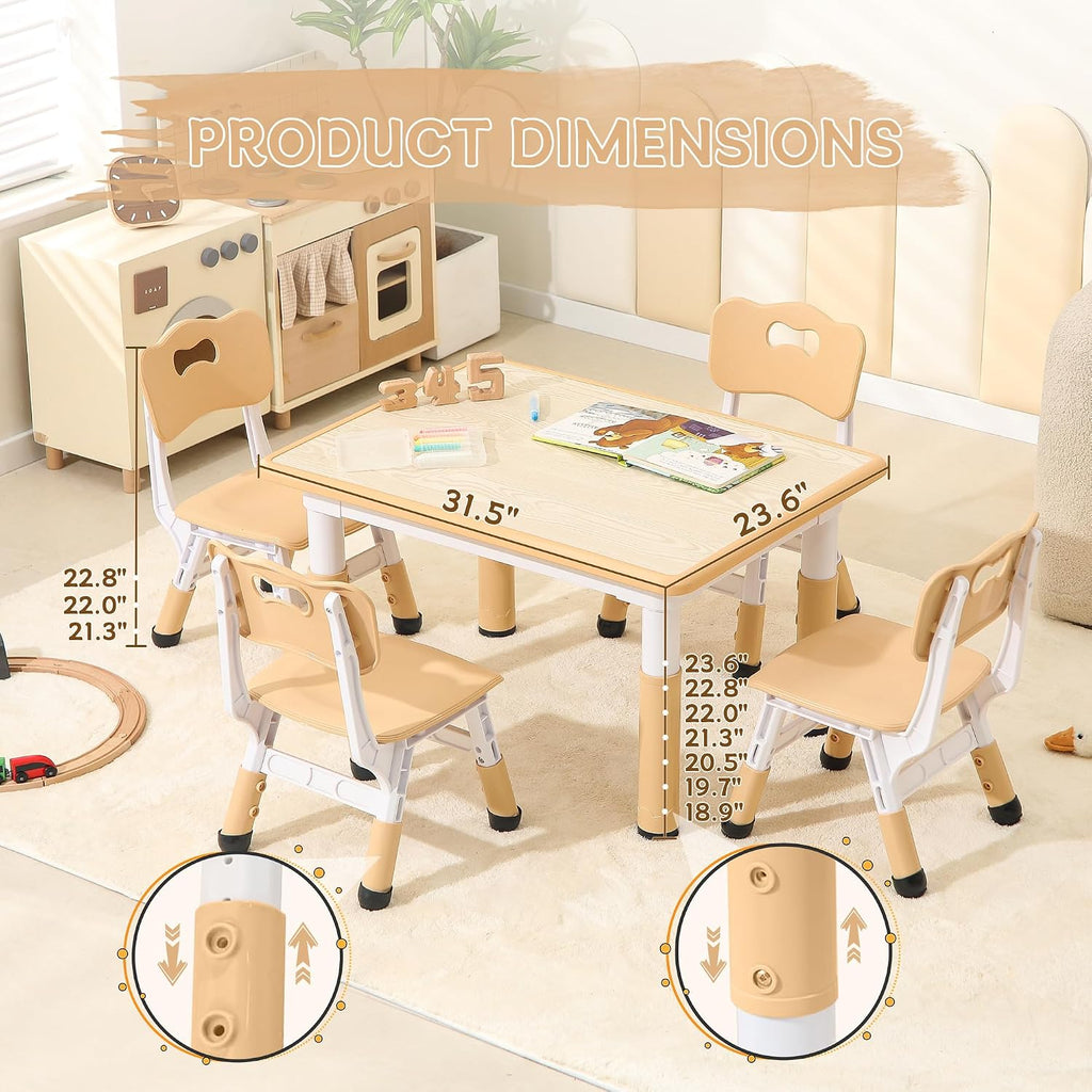 Height-Adjustable Kids Table and Chairs, 31.5''L x 23.6''W Toddler Table and 4 Chairs Set with Anti-Slip Foot Covers, Children Activity Table for Ages 2-10, Graffiti Desktop
