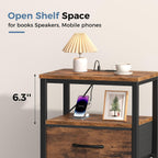 OLIXIS Nightstand with Charging Station, Beside Table with Fabric Drawer | 3-Tier End Table with 2 Storage Shelves,Night Stand with USB Ports and Outlets for Bedroom, Rustic Brown