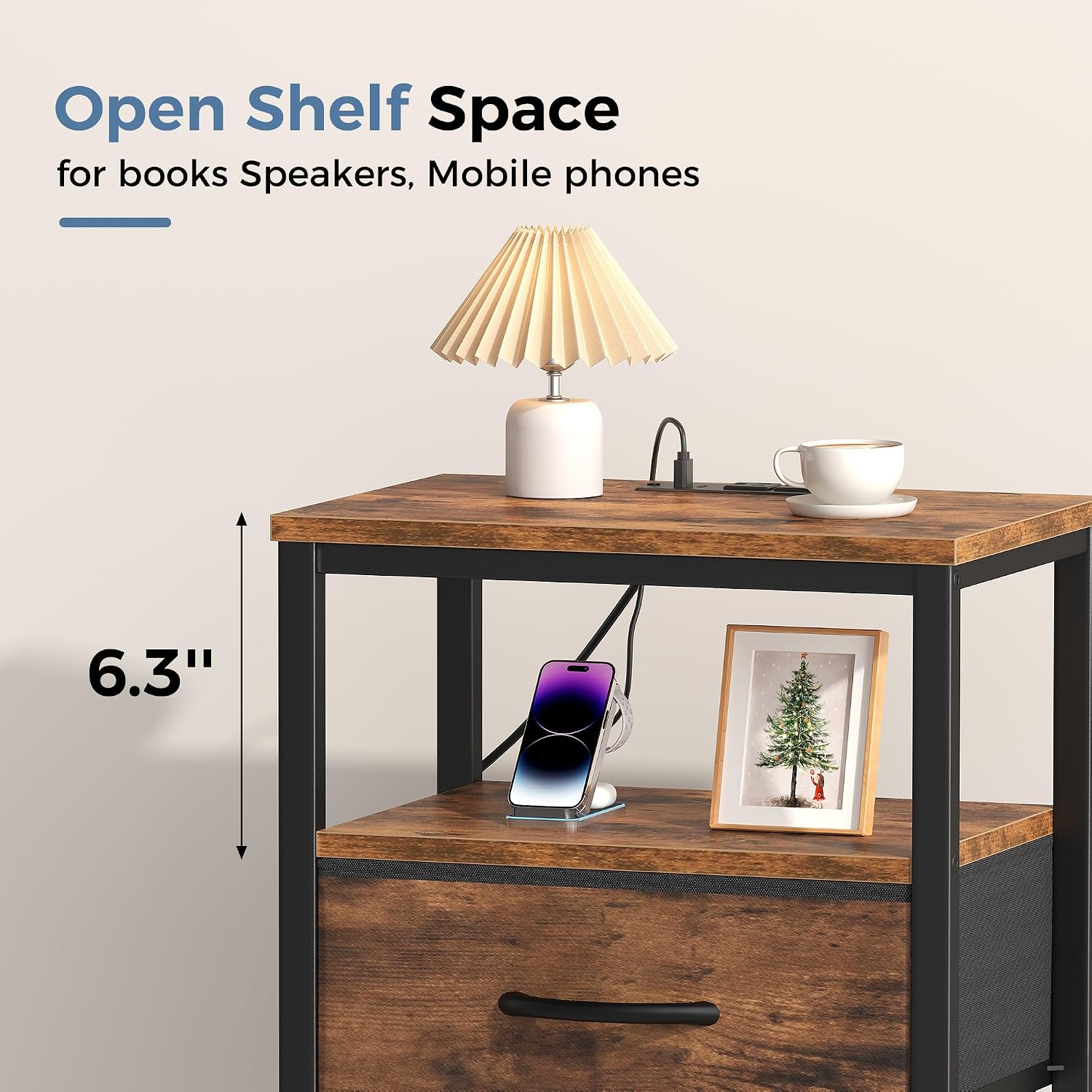 OLIXIS Nightstand with Charging Station, Beside Table with Fabric Drawer | 3-Tier End Table with 2 Storage Shelves,Night Stand with USB Ports and Outlets for Bedroom, Rustic Brown