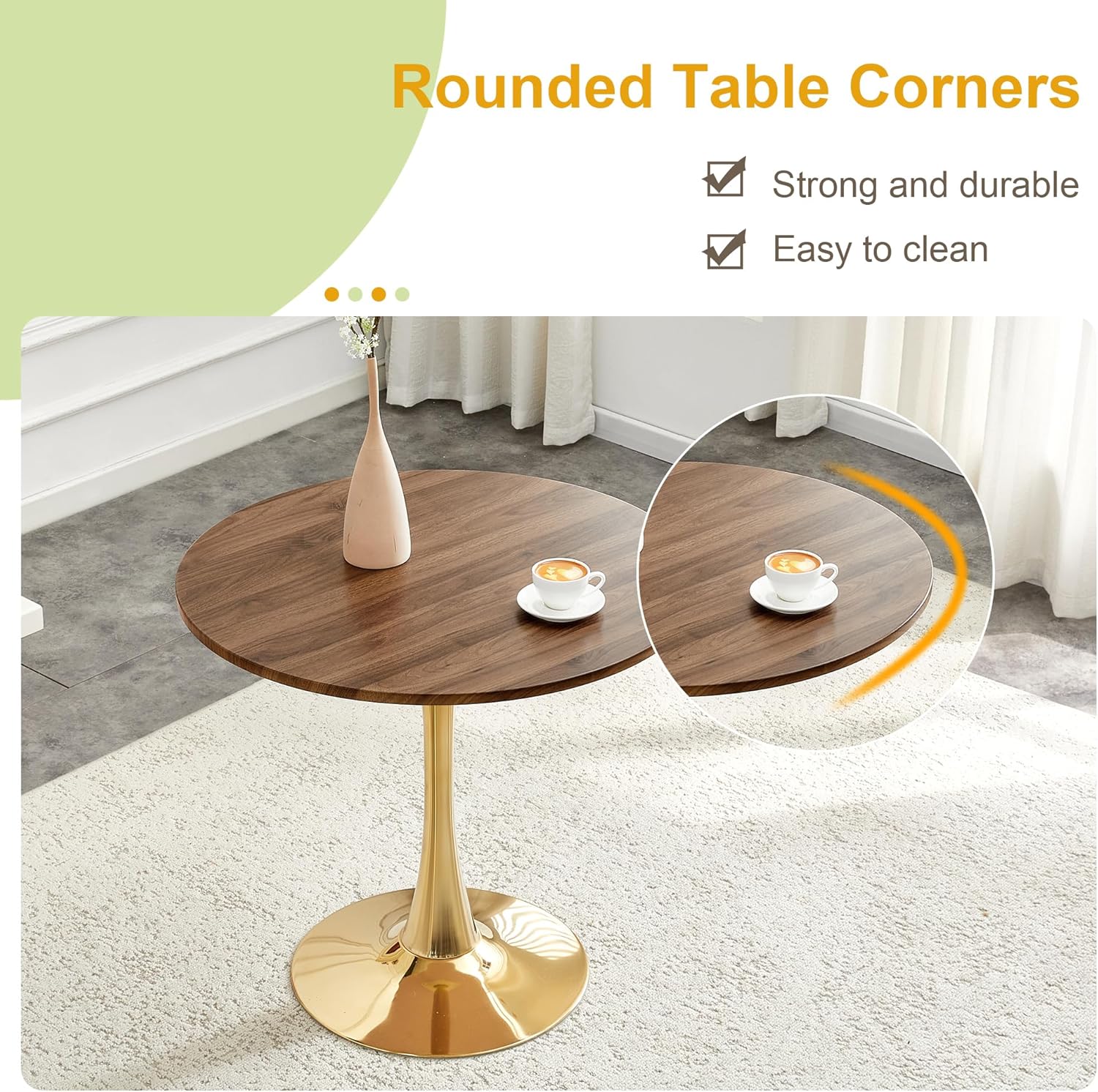 31.5 Inch Small Round Dining Table for 2-4 Person, Circle Tulip Table with Faux Walnut MDF Top and Gold Metal Base,Mid Century Modern Bistro Table for Kitchen, Small Places,Living Room, Cafe