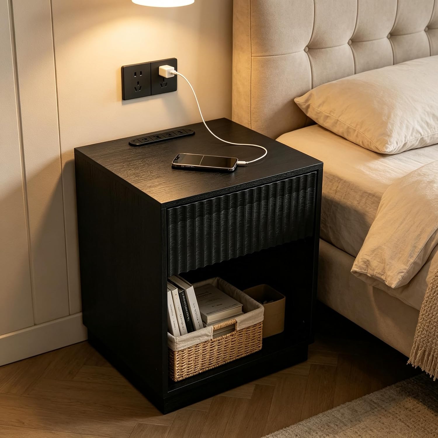 Night Stand with Charging Station, 23 Inch Tall Fluted Modern Bedside Table with Large Drawer & Storage Space, Wide End Table for Bedroom Sofa Office, Easy Assembly, Black, 1 Pack