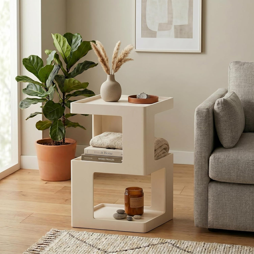 COZAYH Farmhouse Geometric Wood End Table, Distressed Accent Side Table with Two Storage Space, 3-Layer Cube Design for Bedroom, Living Room, Entryway, White