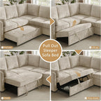112'' Sectional Sleeper Sofa with Pull Out Bed, U Shaped 7 Seater Modular Sectional Sofa with Storage Chaise, Modern Sectional Sofas & Couches with 4 Pillows, Chenille Sofa Bed for Living Room, Camel