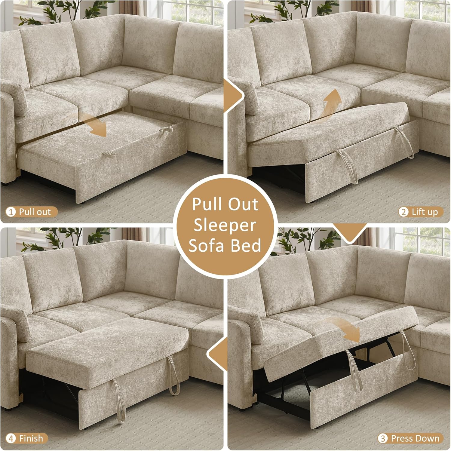 112'' Sectional Sleeper Sofa with Pull Out Bed, U Shaped 7 Seater Modular Sectional Sofa with Storage Chaise, Modern Sectional Sofas & Couches with 4 Pillows, Chenille Sofa Bed for Living Room, Camel