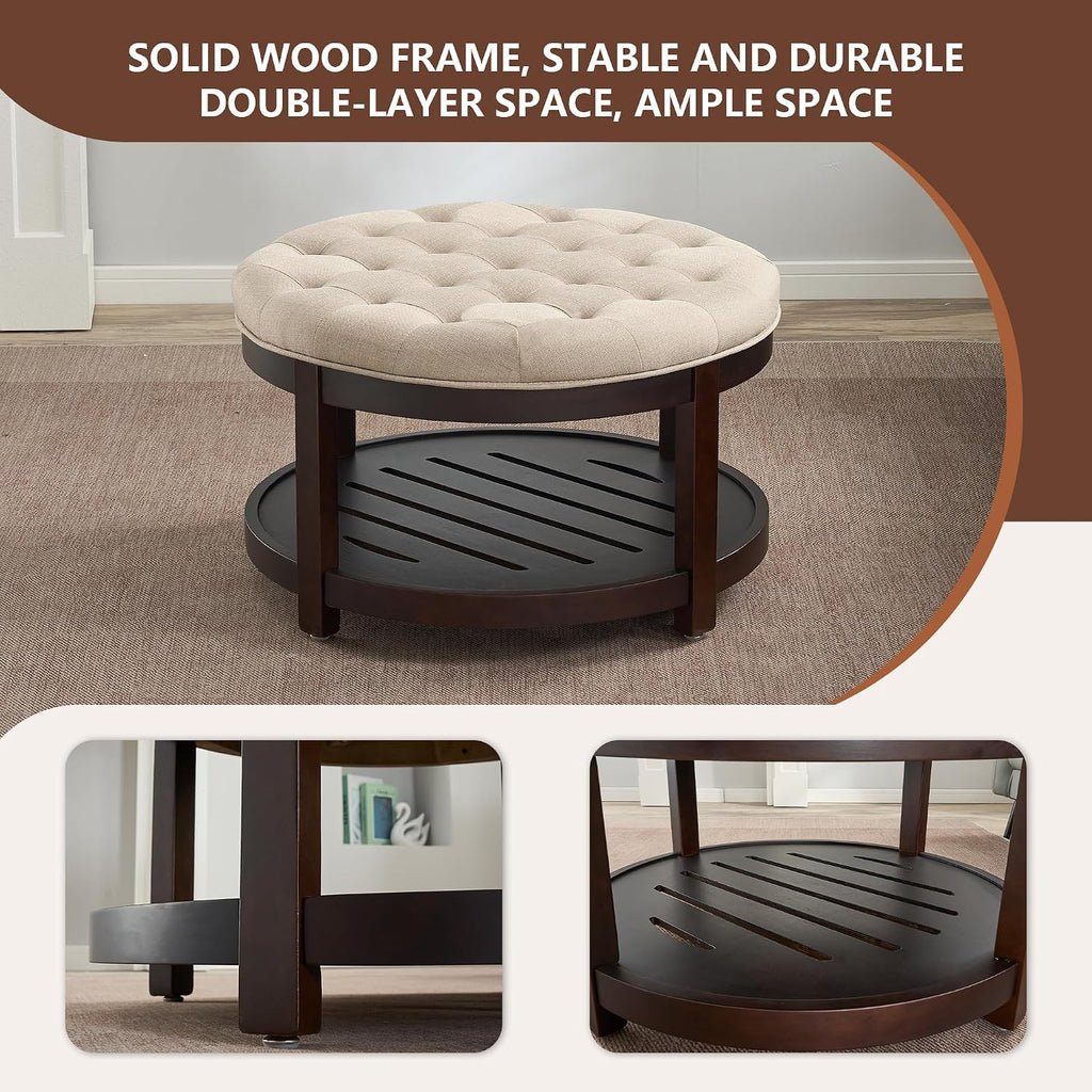 adochr Round Coffee Tables for Living Room,33’’ Storage Ottoman with Wooden Tray, Upholstered Ottoman Footrest, Light Brown