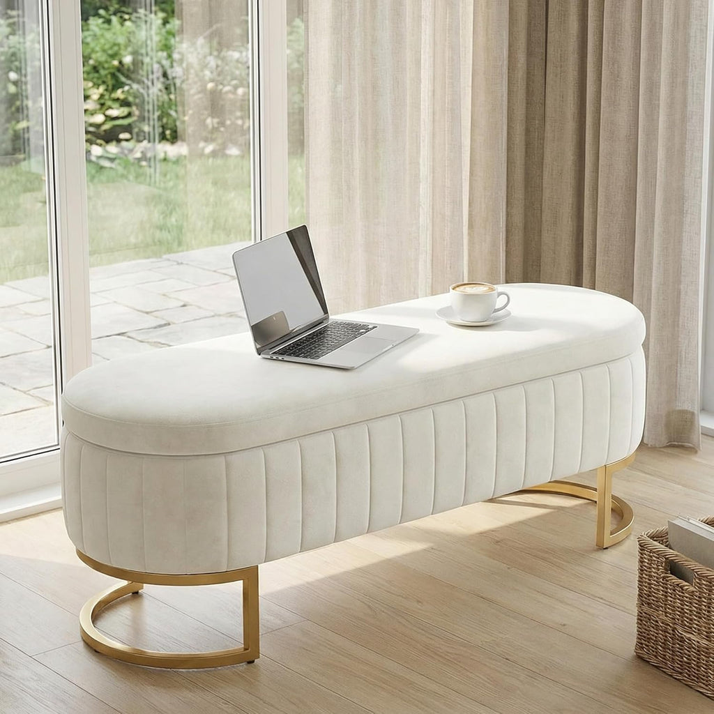 65 Inch Storage Ottoman Bench Velvet End of Bed Storage Bench King Size Upholstered Tufted Bench Large Space for Bedroom Living Room Entryway Beige